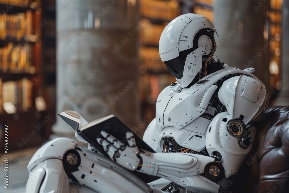Poster a robot reading a book in a library.