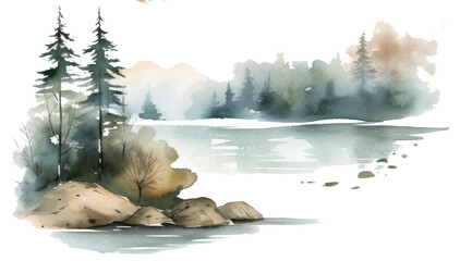 Watercolor scenery of forest lake with rocks - obrazy, fototapety, plakaty