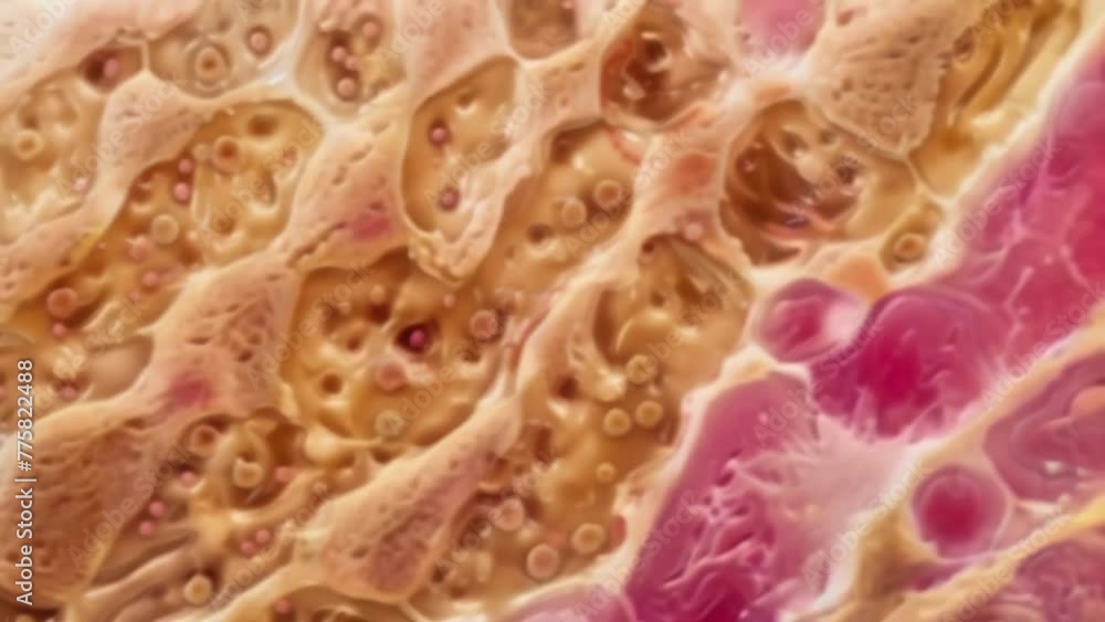 Poster image a cross section of a cats skin tissue at 600x magnification. the image shows multiple layers o