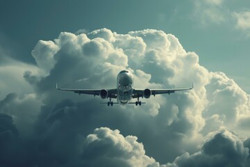 Airy Airplane flies clouds. Trip jet. Generate Ai