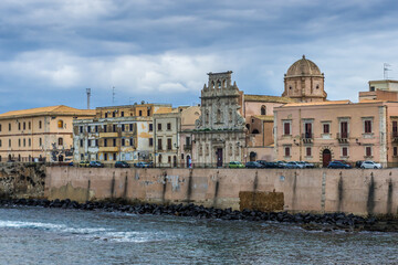 Lungomare d Ortigia Promenade on Ortygia island, old part of Syracuse city, Sicily Island, Italy