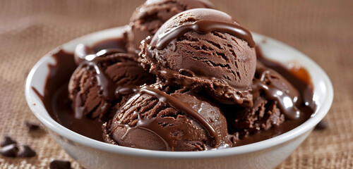 Creamy chocolate ice cream topped with a drizzle of warm chocolate sauce.