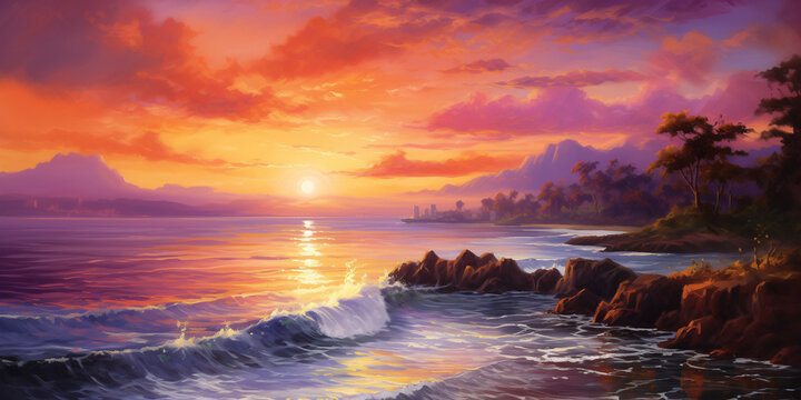 A vibrant sunset painting the sky in hues of orange, pink, and purple over a tranquil seascape.