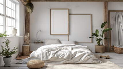 Sun drenched bedroom with exposed wooden beams and a blank framed canvas, nestled among lush houseplants.