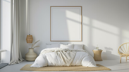 Pristine white bedroom basking in natural light, featuring a large empty frame ready for personalized art.