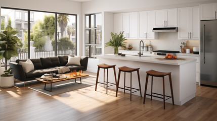 Chic Urban Kitchen and Lounge Area with Cityscape View