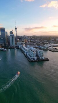 Aerial Auckland City Sunset Harbor Skyline View
