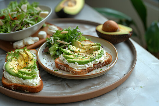 Delicious toast with avocado slices, vegetarian toast with avocado, cream chese, tomato and microgreen