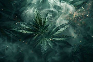 Marijuana cannabis leaves surrounded by smoke  - obrazy, fototapety, plakaty