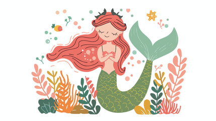 Naklejka na ściany i meble Happy Mermaid Doodle Vector Illustration Flat vector