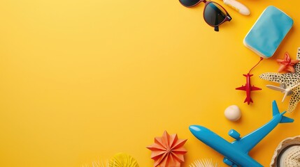 Tropical journey concept. Top view photo of orange suitcase with airplane model on it surrounded by straw hat and bag,palm leaf and sunglasses on isolated bright yellow background with copy-space