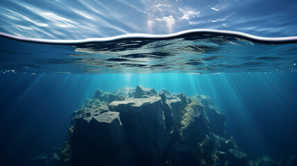 Cross Section Underwater Scene with Sunbeams and Rocky Seabed - obrazy, fototapety, plakaty