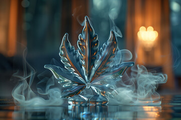 Cannabis leaf from glass  with cannabis smoke - Powered by Adobe