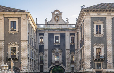 Porta Uzeda gate next to Palace of Seminary of Clerics, view from Cathedral Square, historic part...