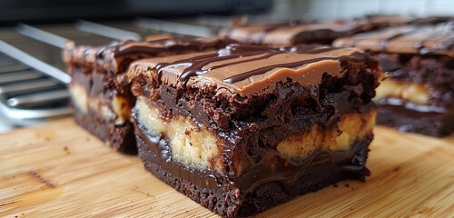 Rich chocolate brownies topped with a generous layer of gooey chocolate ganache. - obrazy, fototapety, plakaty