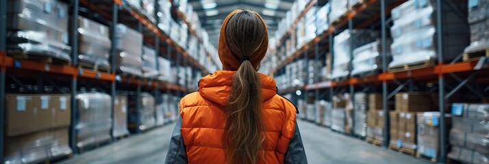 Woman in orange vest in logistics center, copy space for text,