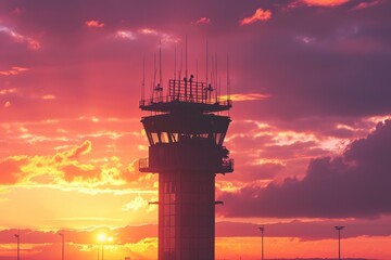 Luminous Airport control tower sunset. Control air traffic. Generate Ai - obrazy, fototapety, plakaty