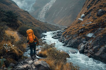 a man adventuring with a big orange colour backpack, Generative AI.