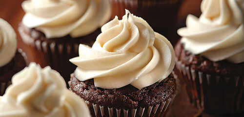 Rich chocolate ganache-filled cupcakes topped with a swirl of buttercream frosting. - obrazy, fototapety, plakaty