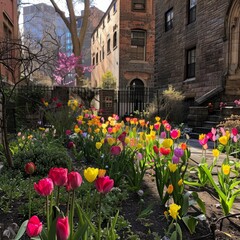 Spring's Embrace: Ancient Courtyard Transformed by a Carpet of Colorful Blooming Bulbs