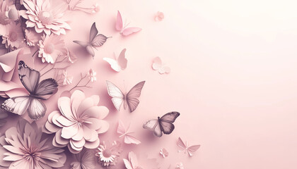 Delicate Floral Arrangement with Butterflies in Soft Pink Tones, Perfect for Invitations and Spring Themes
