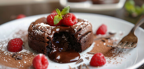 Sinfully rich chocolate lava cake oozing with warm molten chocolate center.