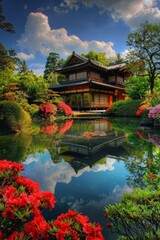 Tranquility in Bloom: Vibrant Azaleas and a Calm Pond Under the Spring Sky in a Japanese Garden