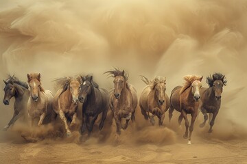 A herd of horses runs through a sandstorm in the desert. rich colors. real photo. generative ai