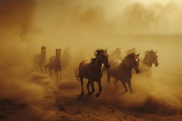 A herd of horses runs through a sandstorm in the desert. rich colors. real photo. generative ai
