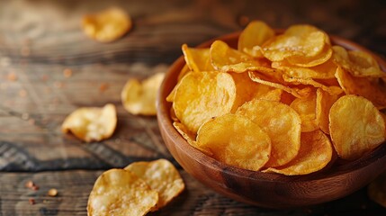 Crispy golden potato chips heaped in wooden bowl