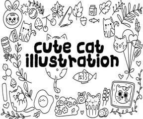 set of hand drawn elements. Various cute lines, cats, leaves, black and white lines, cute icons