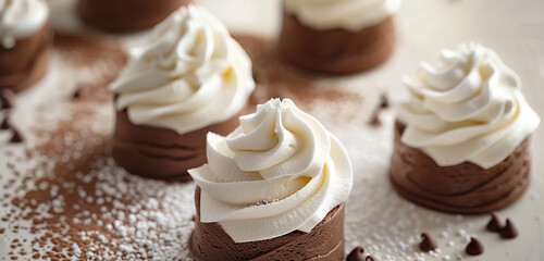 Velvety smooth chocolate mousse topped with swirls of whipped cream, heavenly delight.