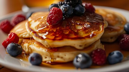 Inviting Breakfast Dish of Golden Pancakes with Fresh Berries, Syrup, and Powdered Sugar on a White Plate - obrazy, fototapety, plakaty