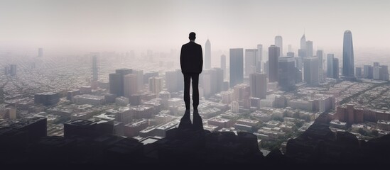 Shadow of businessman standing on abstract black chart and city background.