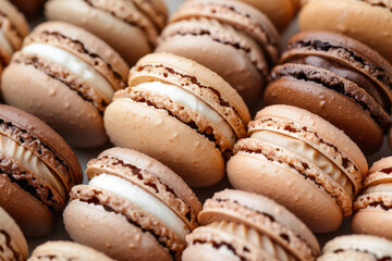 Close-up of tasty beige macaroons arranged in a row
 - obrazy, fototapety, plakaty