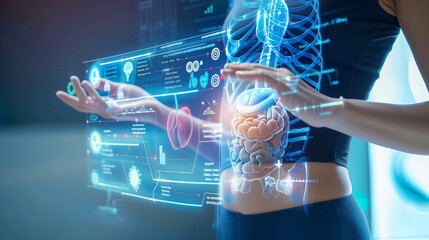 The body of a woman with outstretched arms showing the anatomy of internal organs in holographic style. A concept of health care using digital technologies.