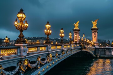 Picturesque Famous alexander bridge in France. Ancient historical monument with street lights...