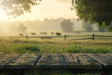 Obraz premium Rustic background of empty boards or empty wooden table with space for product or text against the background of a green meadow in the morning with grazing cows in the background 