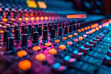 Mixer with knobs in studio recorded close up. Crystal clear sound in a high resolution recording studio
