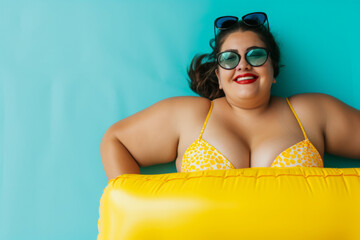 Happy funny plus size Latin woman in sunglasses and summer yellow bikini holding inflatable mattress isolated on a studio blue background. Fat girl going to swim on a beach. Vacation concept - obrazy, fototapety, plakaty