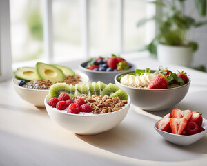 Various superfoods background. Healthy food concept. Clean food and meal. Breakfast vegan bowls.