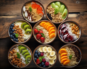 Various superfoods background. Healthy food concept. Clean food and meal. Breakfast vegan bowls.