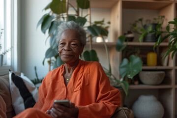 A senior African American woman with her cellphone, in the minimalist elegance Nordic-designed apartment.