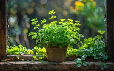 A potted plant with green leaves sits on a windowsill. The plant is surrounded by vines and leaves, and the sunlight is shining on it, making it look vibrant and healthy - Powered by Adobe