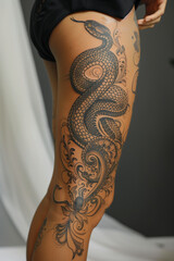 Woman with tattoos of snake on leg