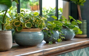 A row of potted plants sit on a window sill, with one of them being a large green plant. The plants are arranged in a way that creates a sense of balance and harmony, with the different sizes