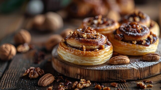 Delectable pastry treats adorned with nuts on wooden slab