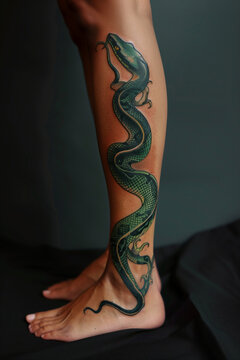 A woman with a green snail tattoo on his leg and leg sleeve