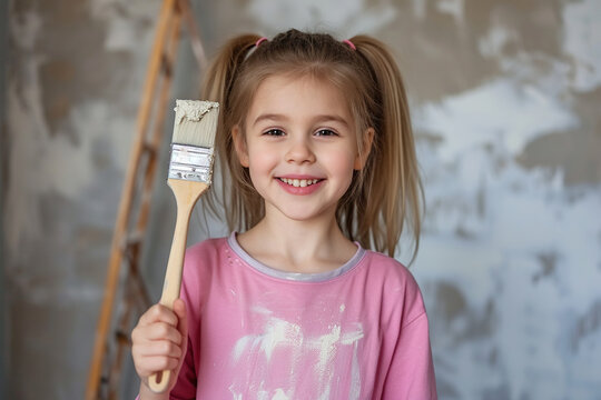 Happy young girl confidently holding a painting brush during home renovation