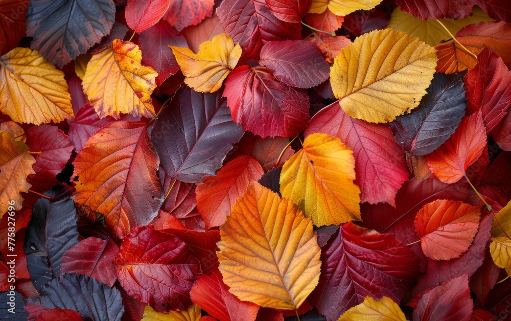 Poster a pile of autumn leaves with a variety of colors. the leaves are scattered and overlapping, creating